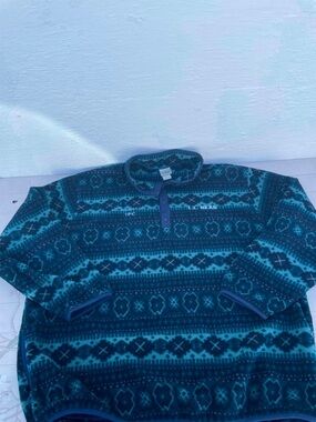 L.L. Bean Men's Teal and Navy Zip-Up Patterned Fleece Pullover